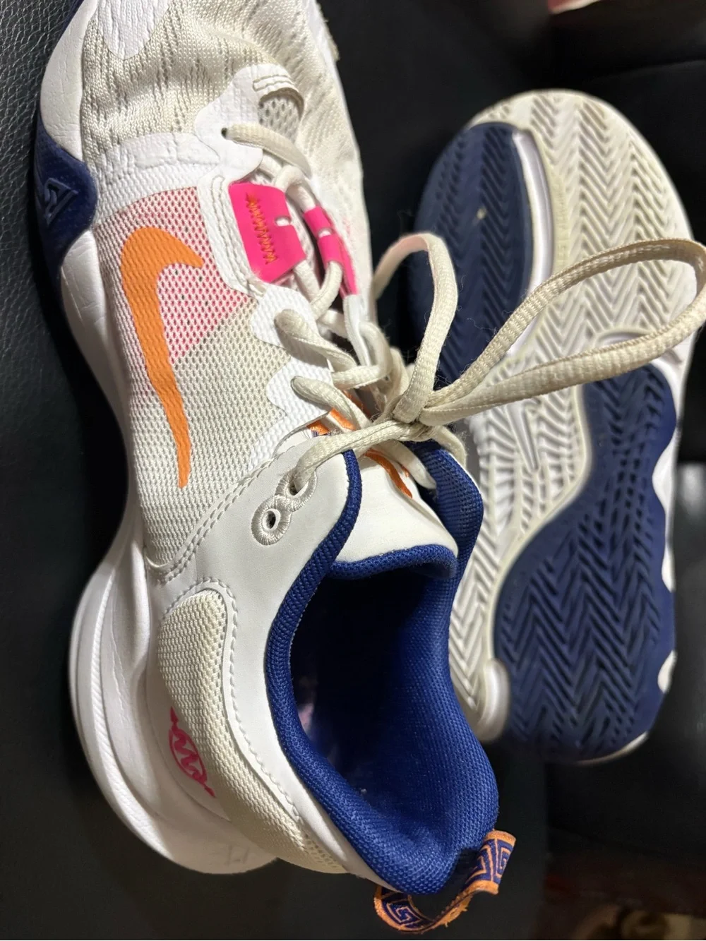 Nike LOGO 5 White Sneakers with Orange Swoosh and Blue Trim for women’s size 7Y